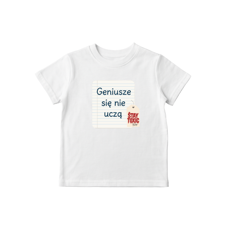 T-shirt młodzieżowy GREG MAKSEL – napis Geniusze się nie uczą, 100% bawełna, biały, powrót do szkoły
